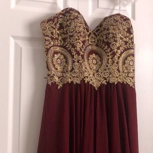 Wine and gold colored dress